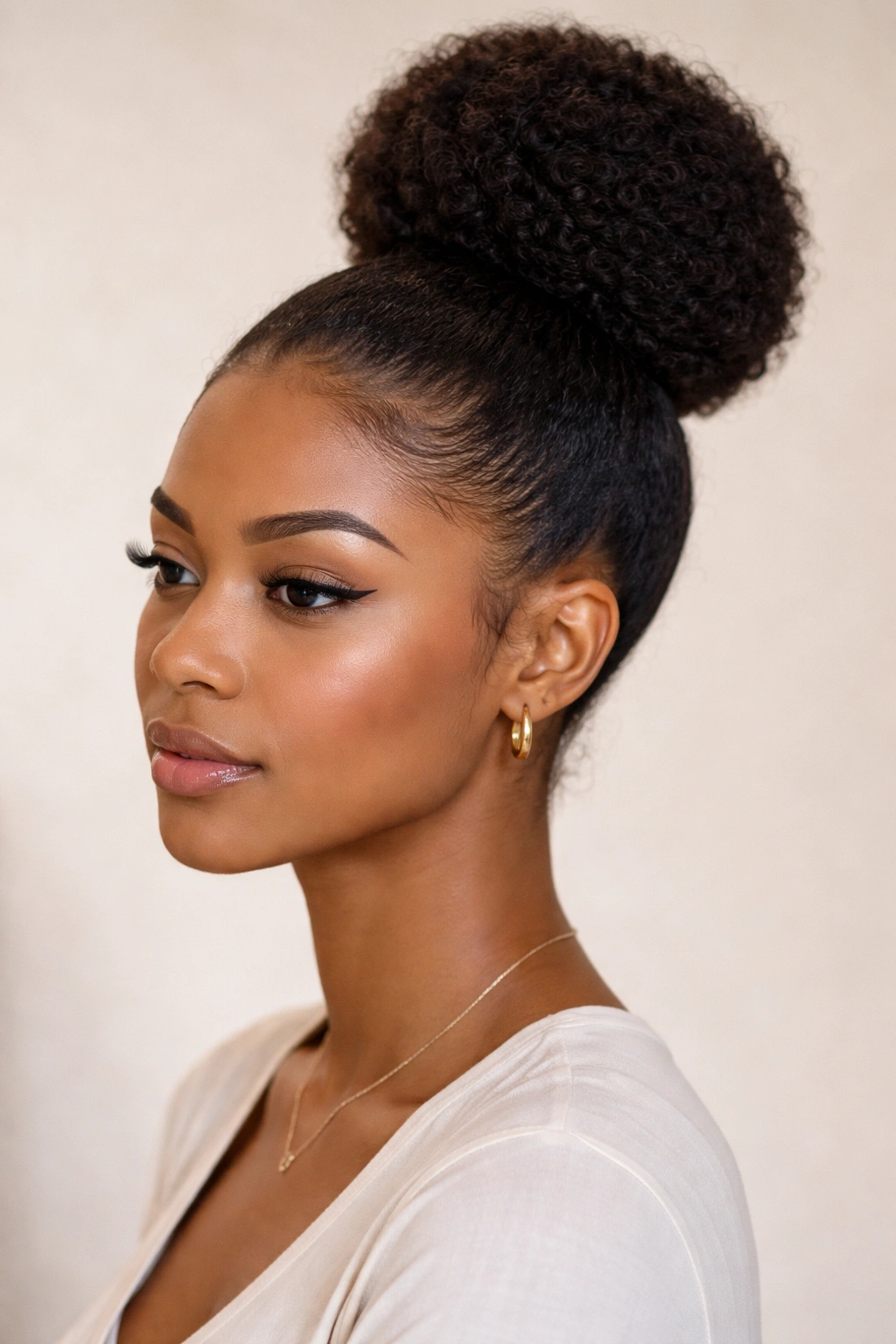 Close-up of a voluminous high bun on Afro-textured hair with softened hairline wisps in a studio.