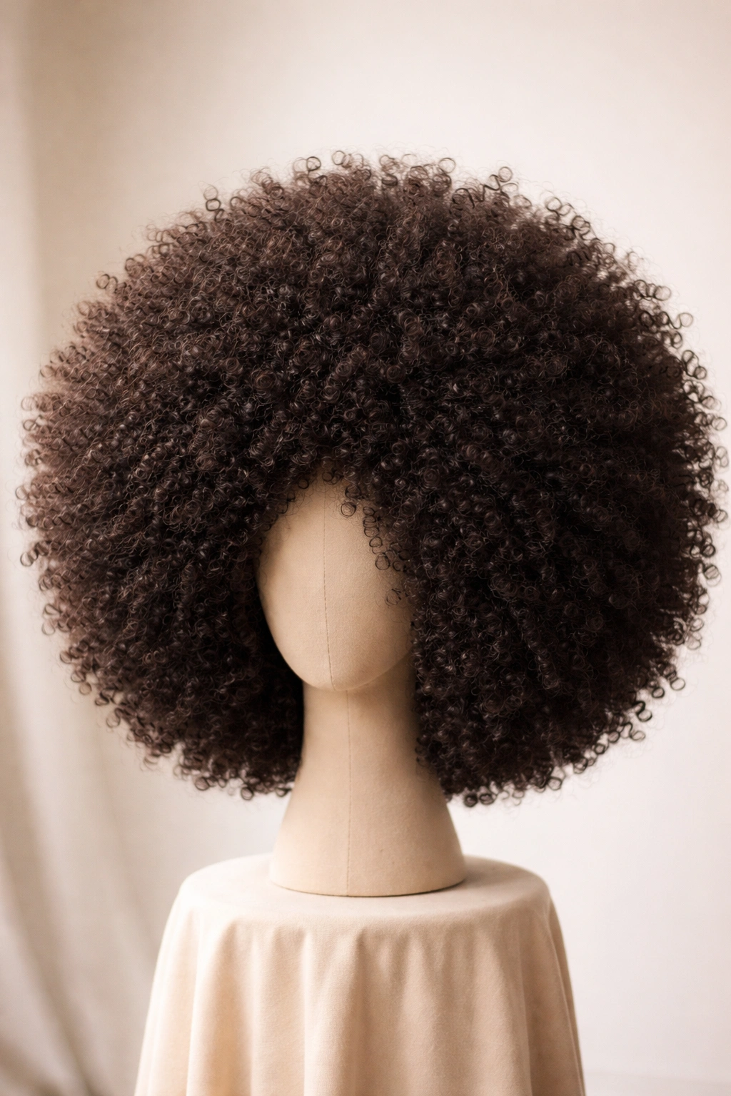 Full-round afro wig with dense tight curls on a head form, studio setting