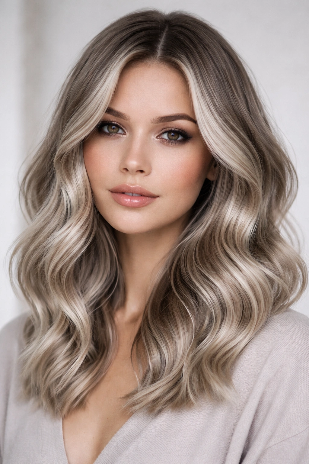 Close-up of ash blonde balayage with cold-toned waves on a woman's hair