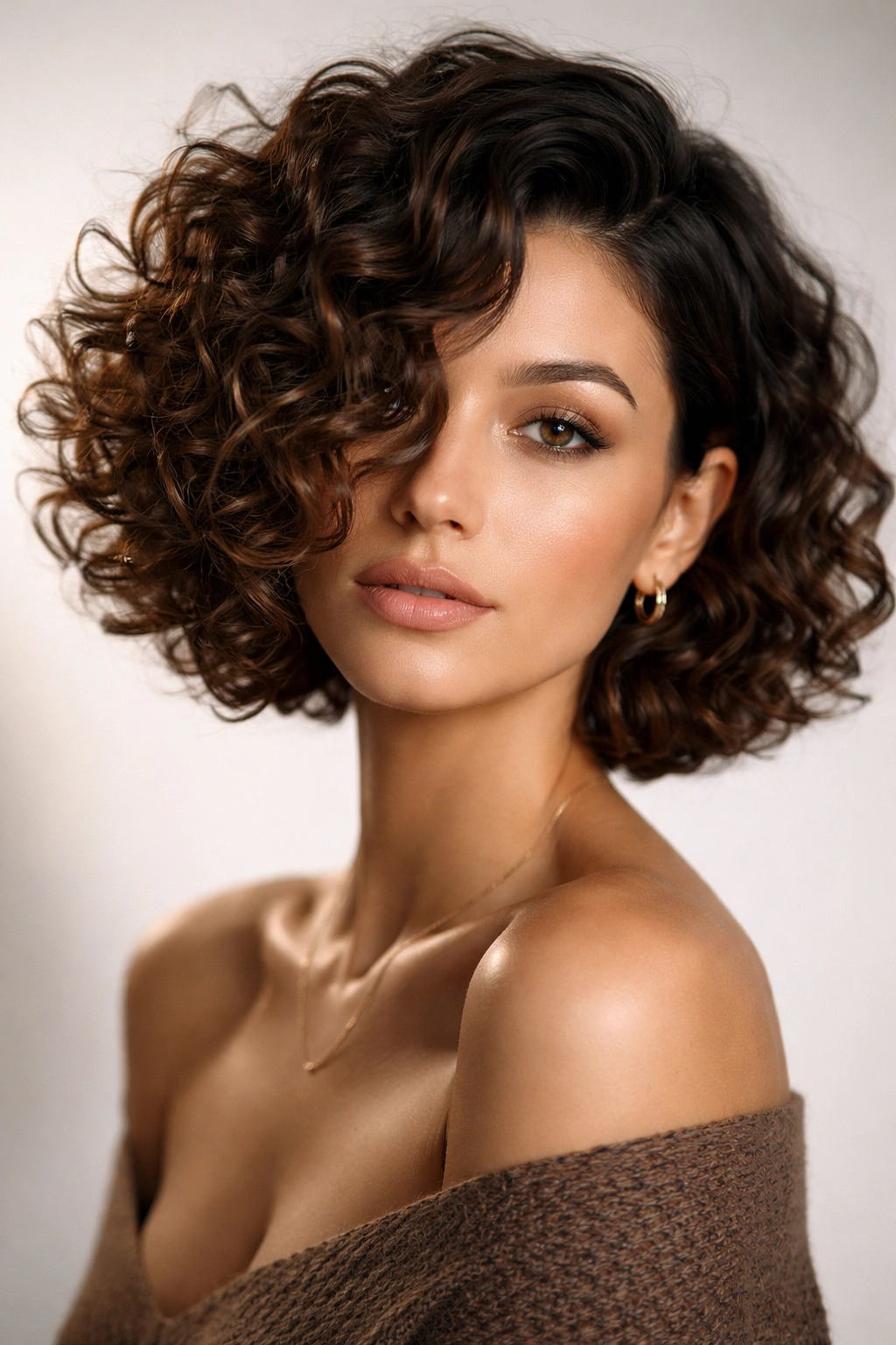Asymmetrical curly bob with shorter left side and longer right side, defined curls