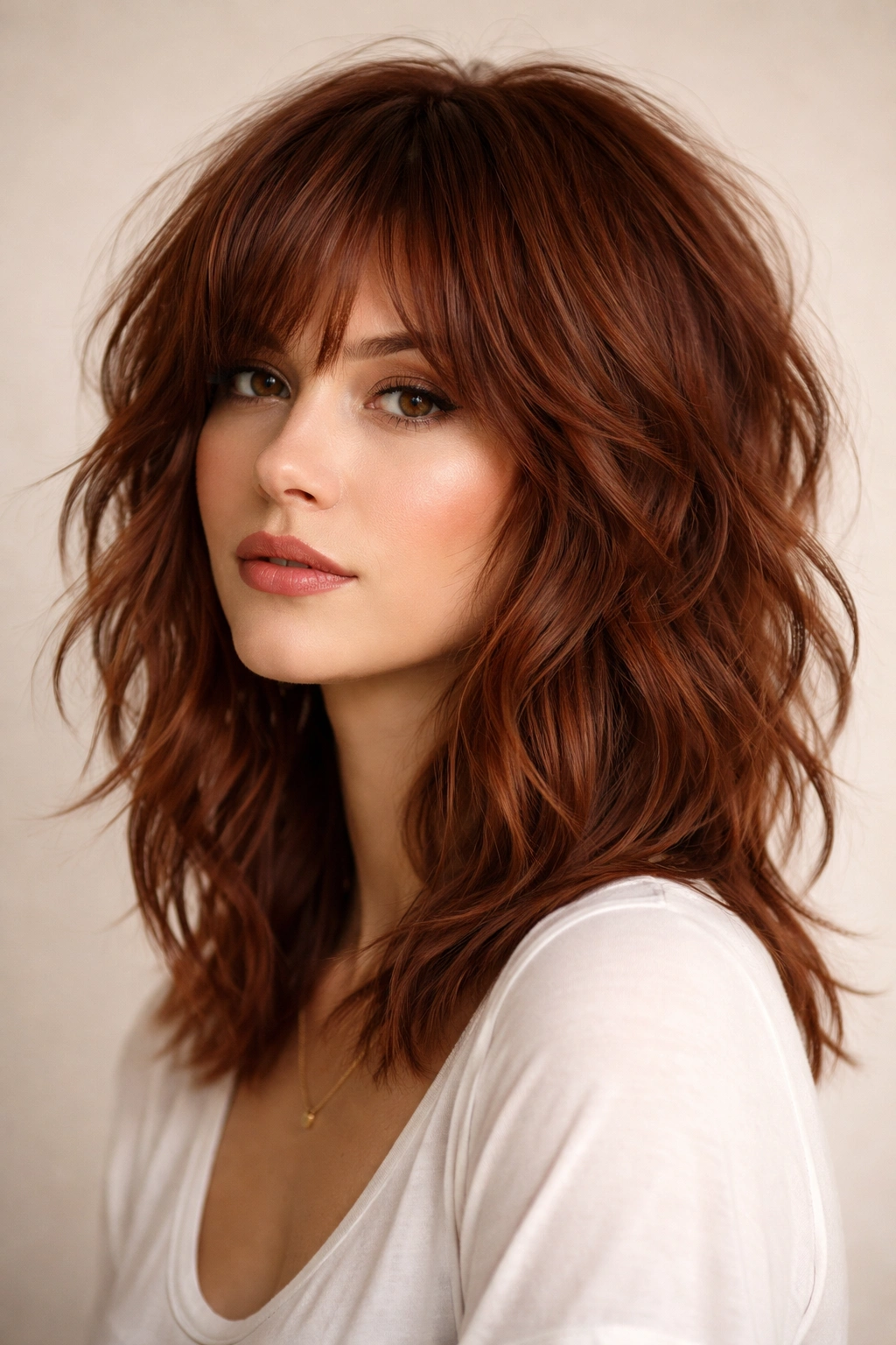 Close-up of shoulder-length auburn shag with choppy layers and textured waves