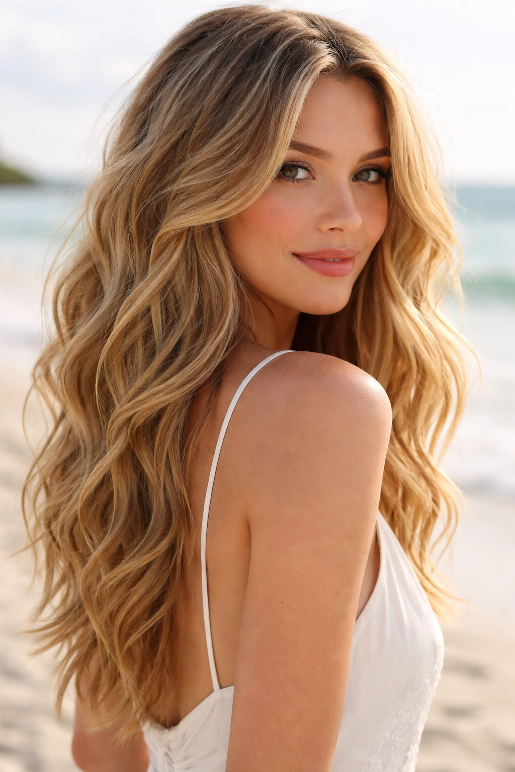 Close-up of beachy waves with textured layers and face-framing pieces
