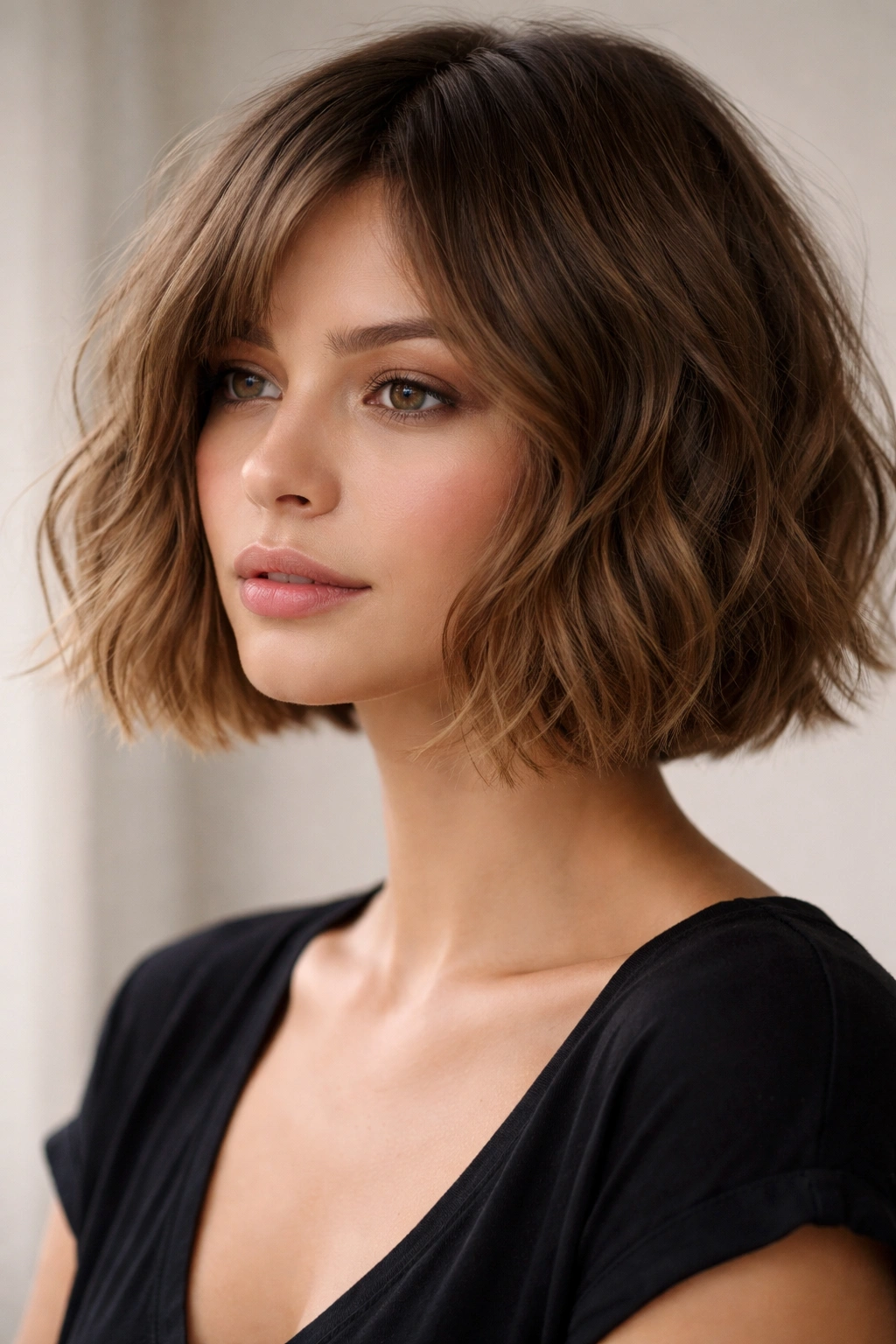 Close-up of chin-length blunt choppy bob on wavy hair with textured ends