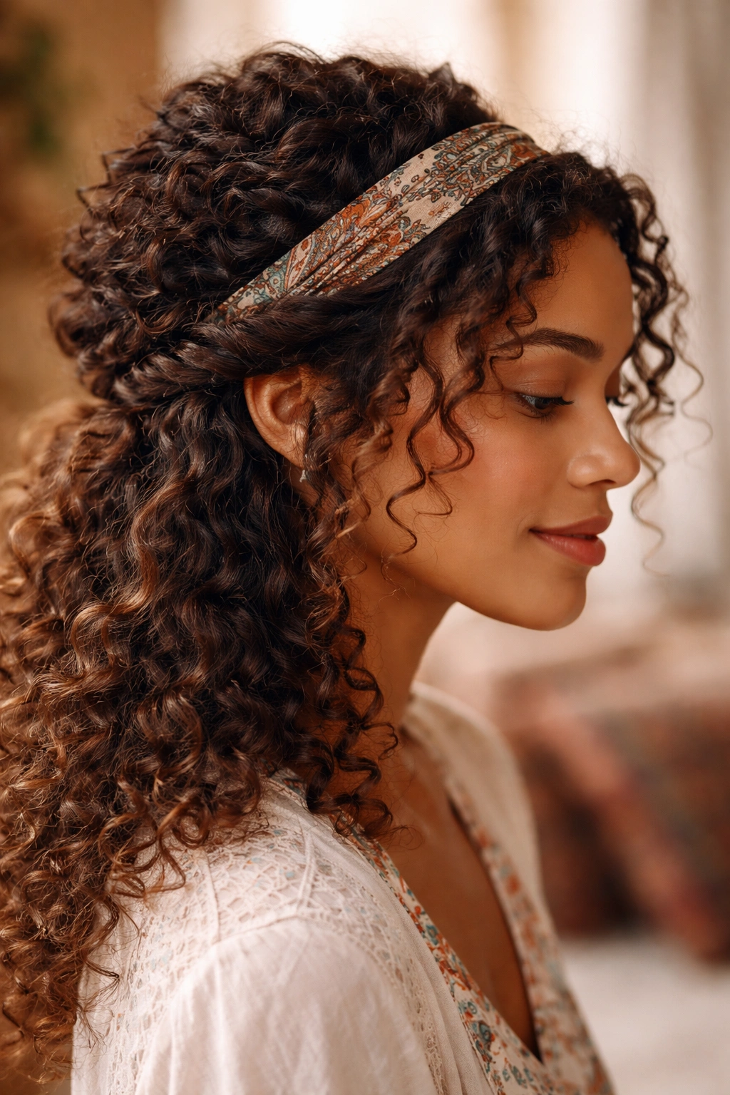 Twisted crown with patterned headband on curly hair