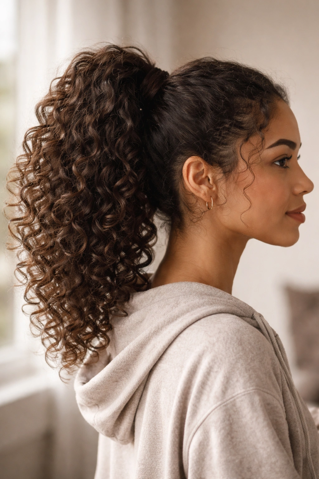 Bouncy high ponytail with crown volume and wrapped elastic on curly hair