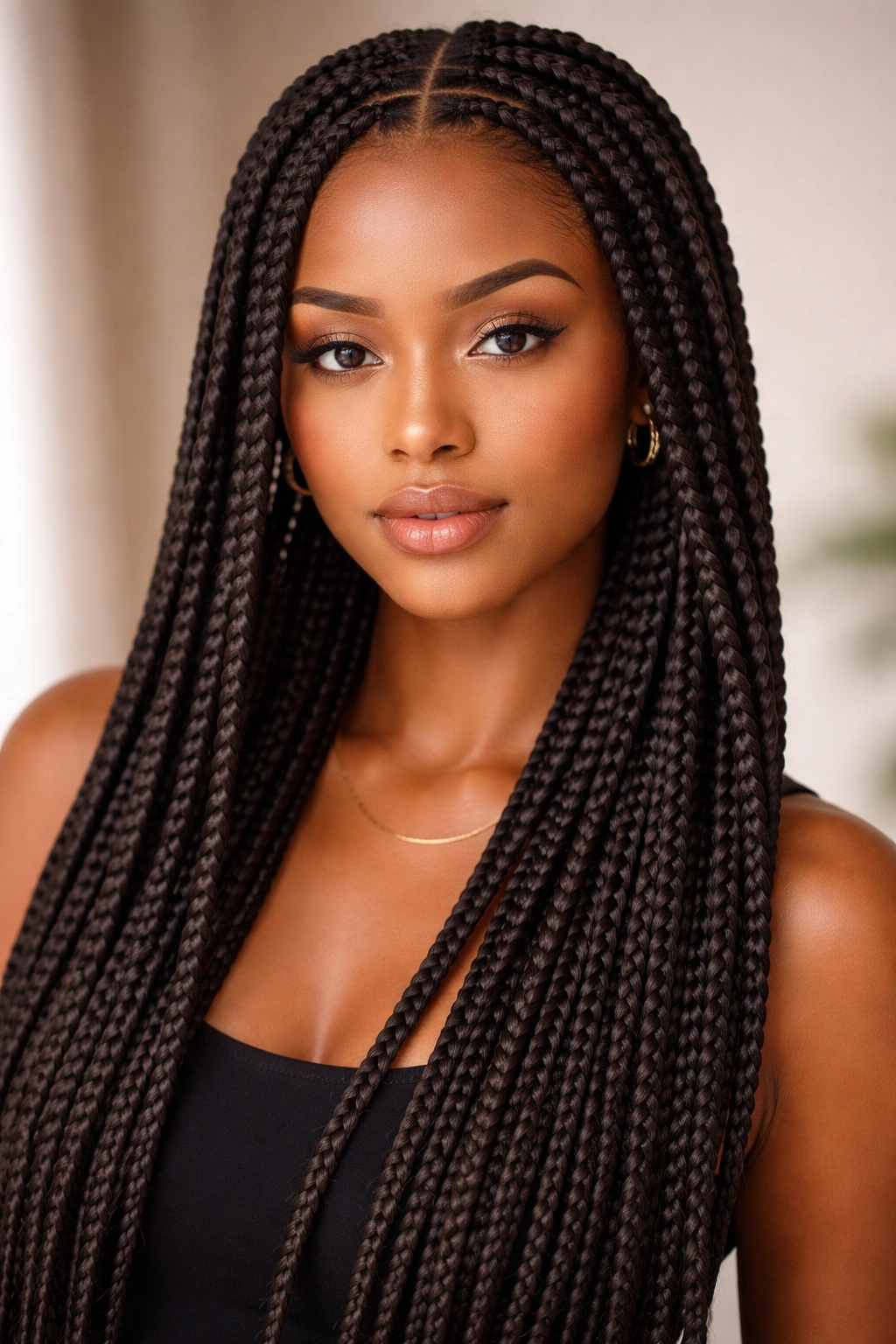 Close-up of box braids with a grid pattern on the scalp