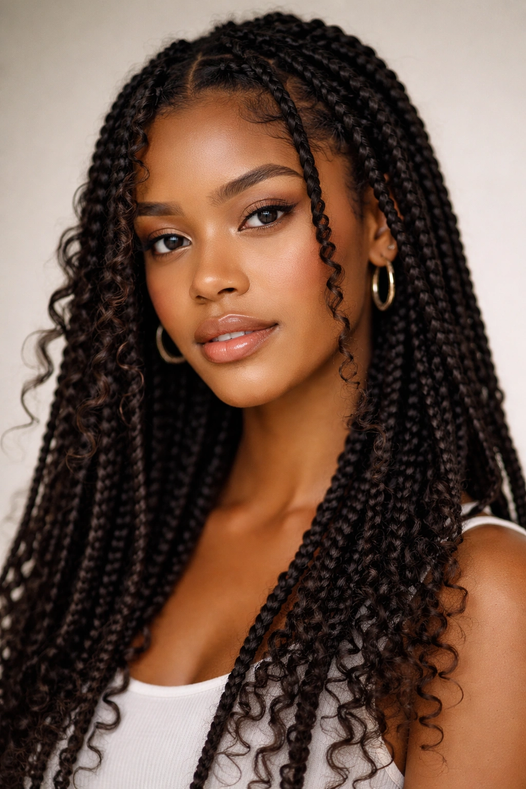 Box braids with textured edges and curls escaping at the ends