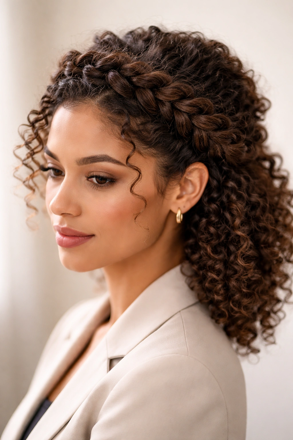Braided crown on curly hair, full and textured at the crown
