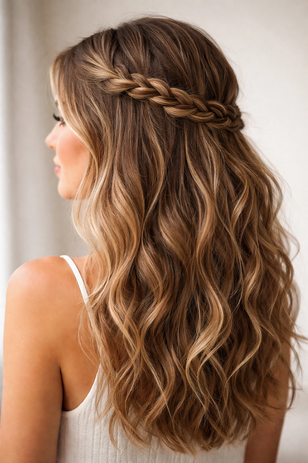 Wavy hair with a loose side braid across the back