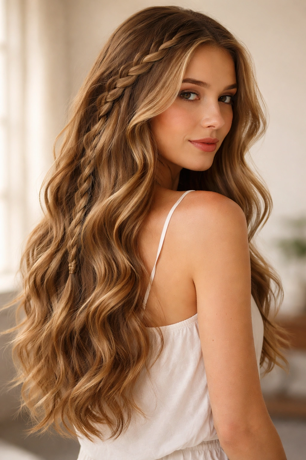 Braided Long Waves with a loose side braid integrated into flowing hair