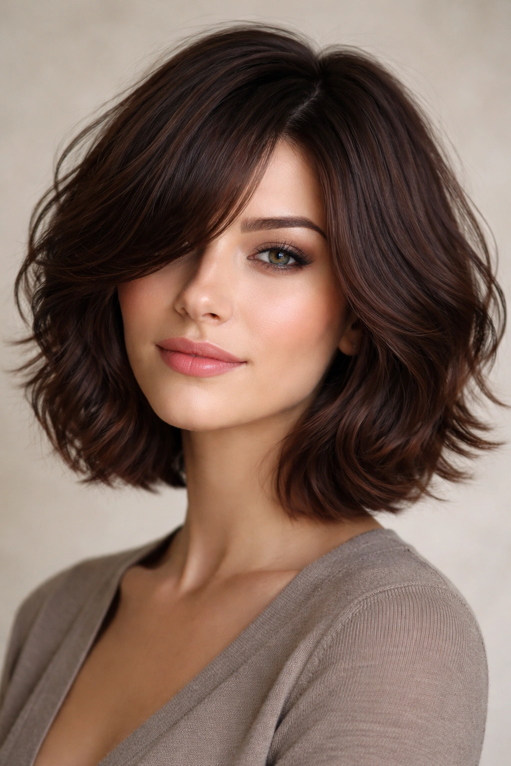 Chin-length brown wavy bob with layered texture and glossy finish