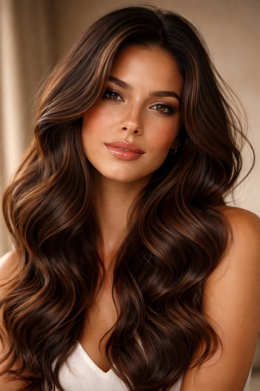 Close-up portrait of a person with brown wavy hair catching soft studio light