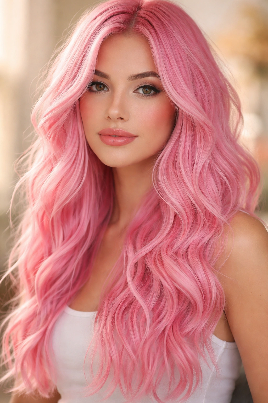 Bubblegum pink hair in loose beachy waves with soft lighting and color diffusion