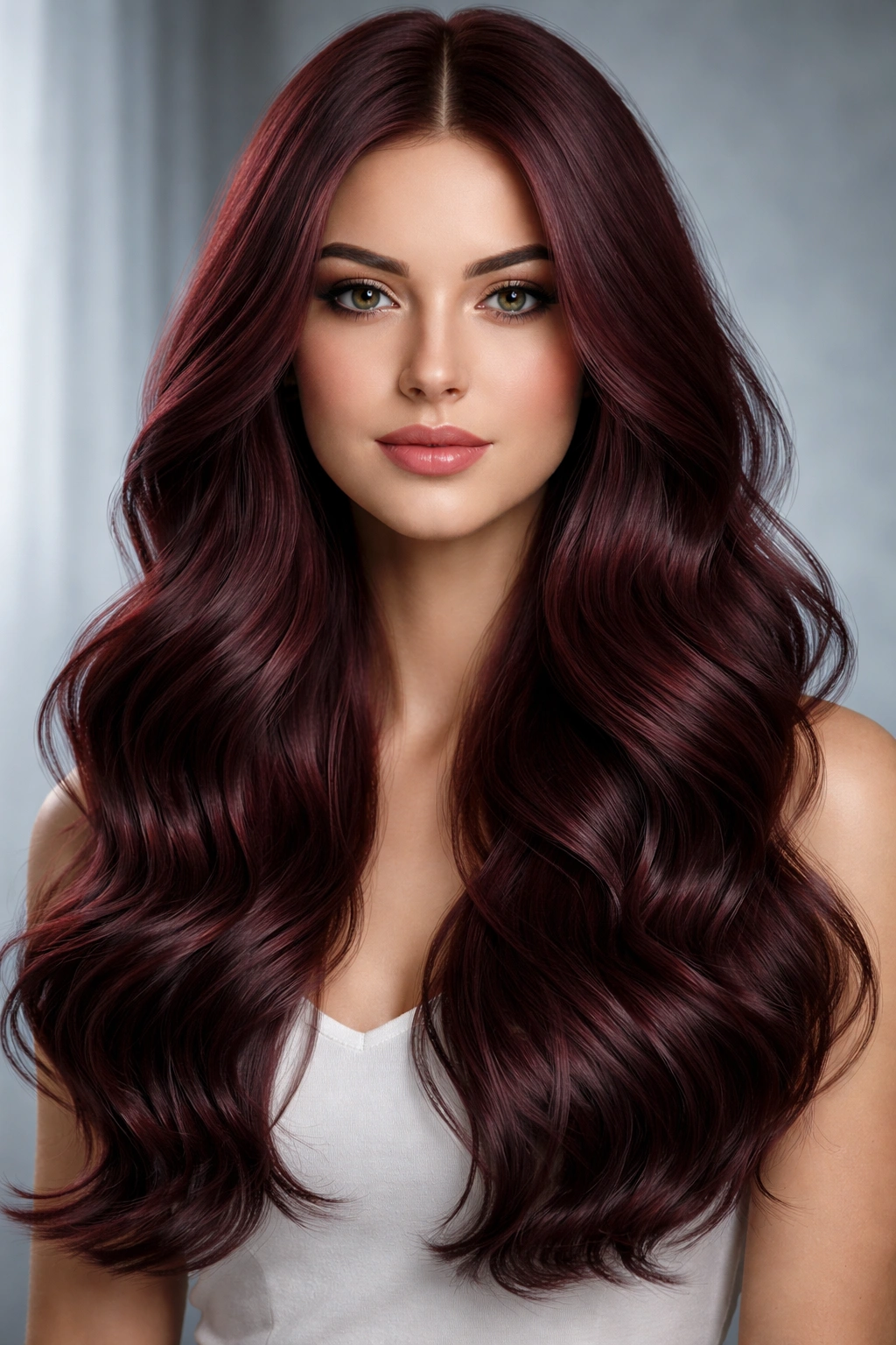 Deep burgundy hair with center part and loose waves