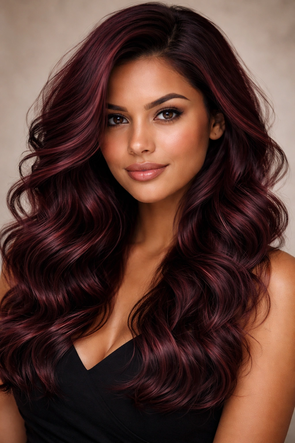 Close-up of burgundy waves showing depth and warmth on hair