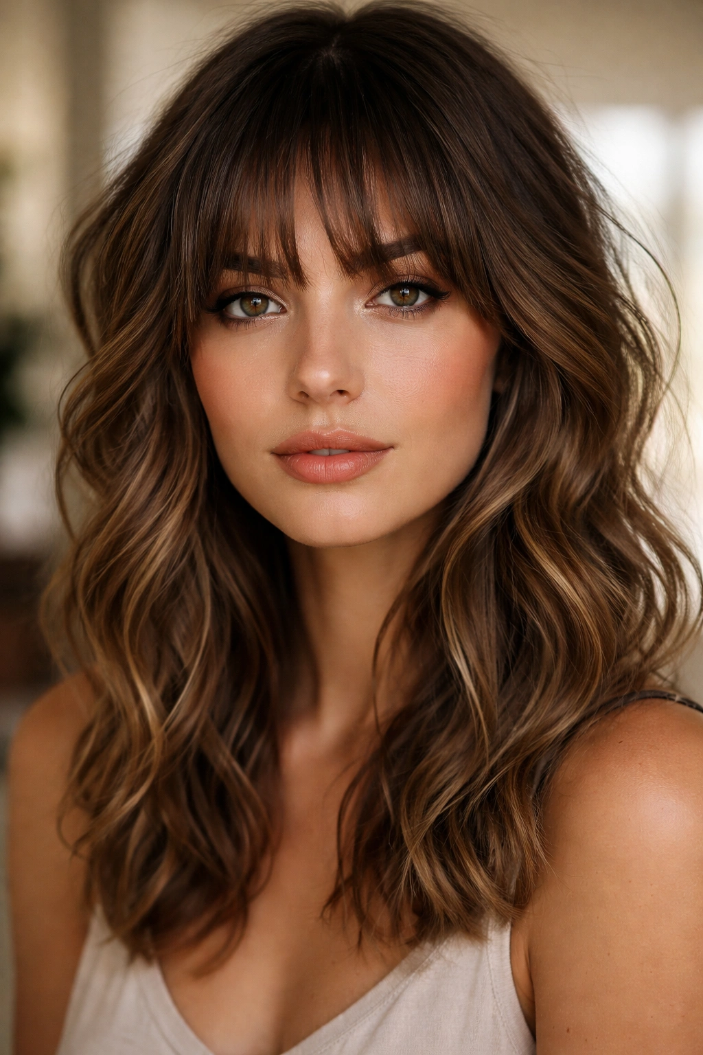Face-framing choppy bangs on wavy hair