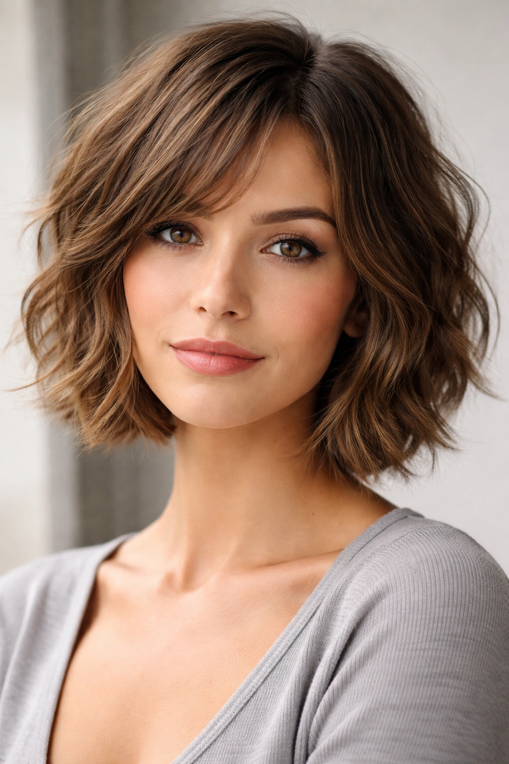Jawline-length choppy layered bob with waves, close-up portrait