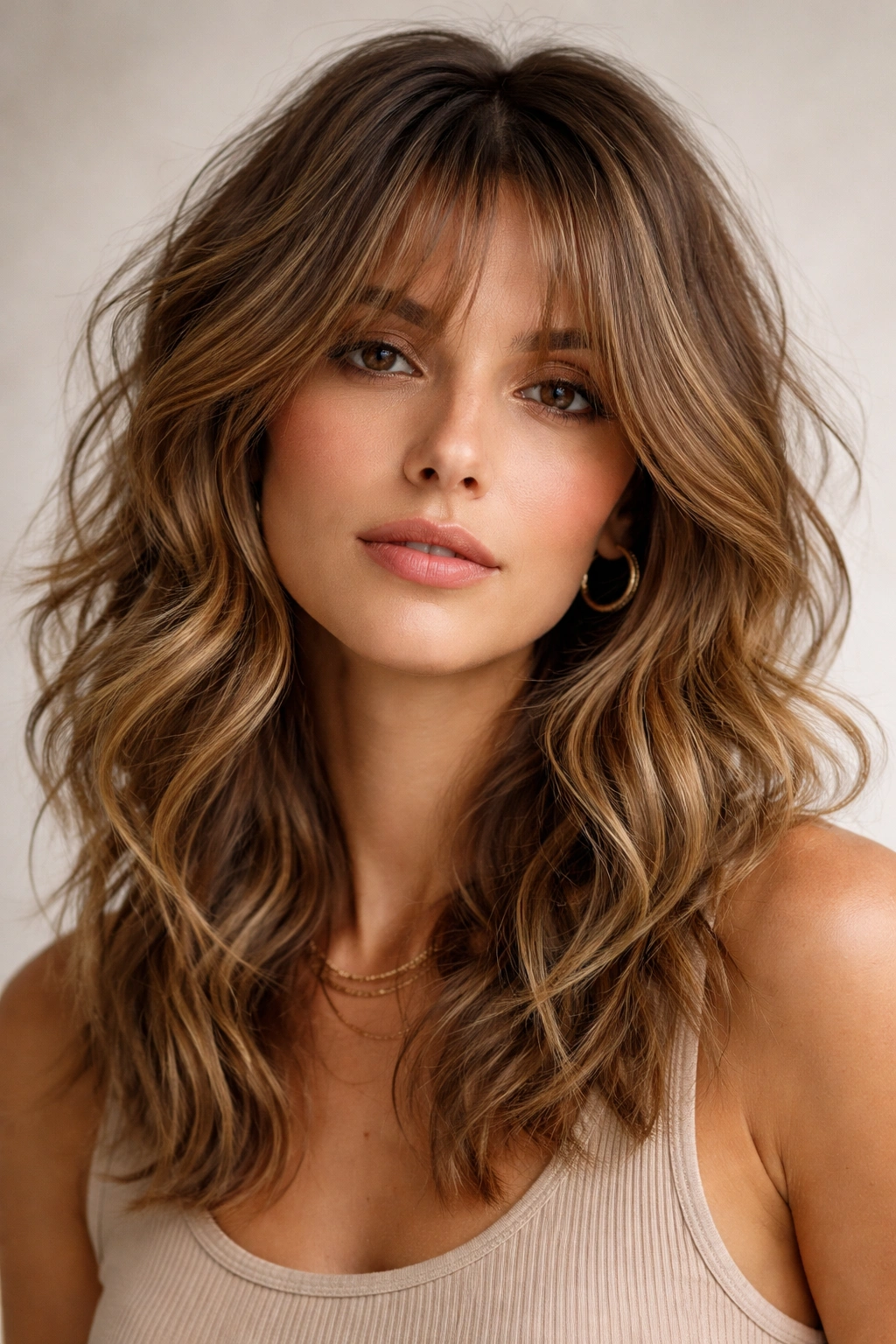 Choppy layers with wispy curtain bangs highlighting texture on wavy hair.