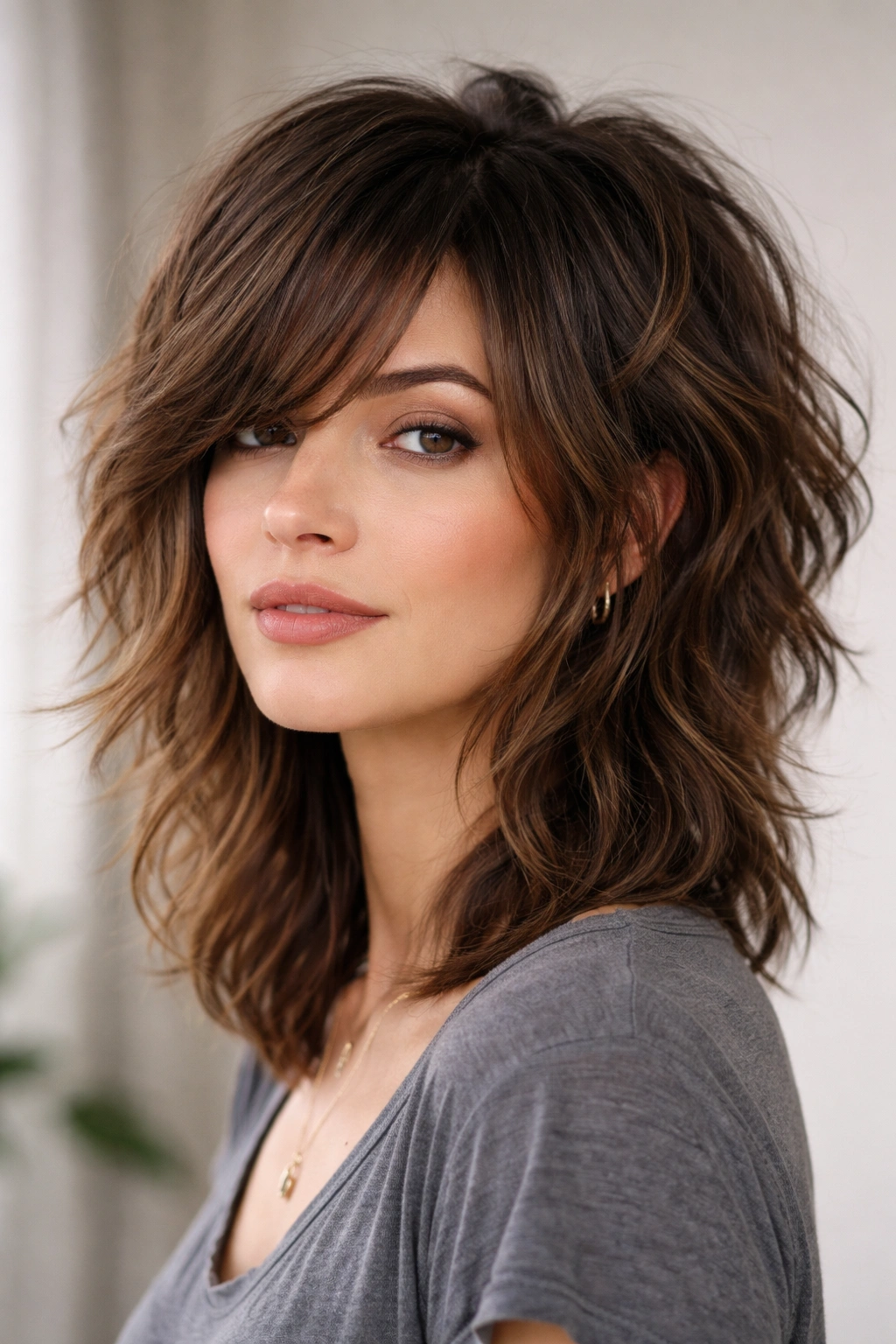 Choppy shag with lengthy side bangs on wavy hair.