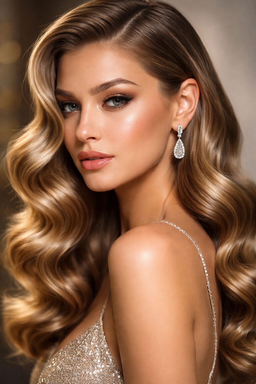 Close-up of a person with glossy, sculpted Hollywood waves in a studio setting.
