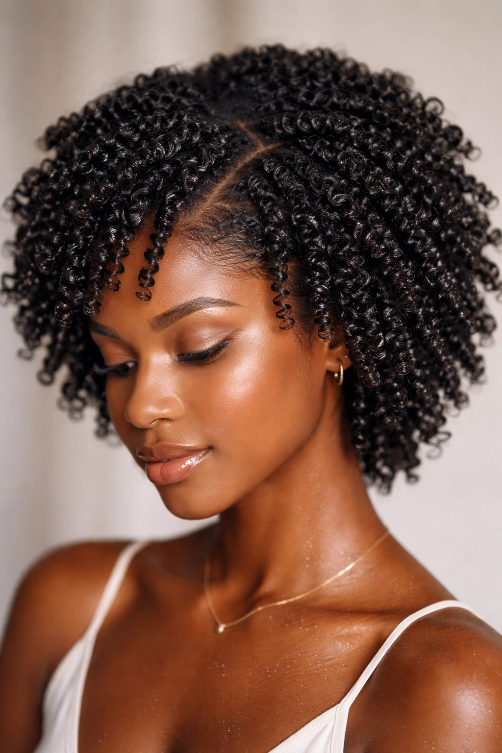 Close-up of a wet coil-out hairstyle on 4b hair with defined spirals