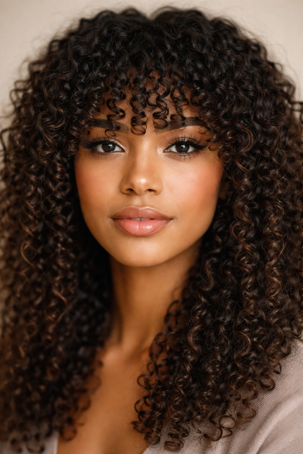 Close-up of coily bangs framing the face with textured curls