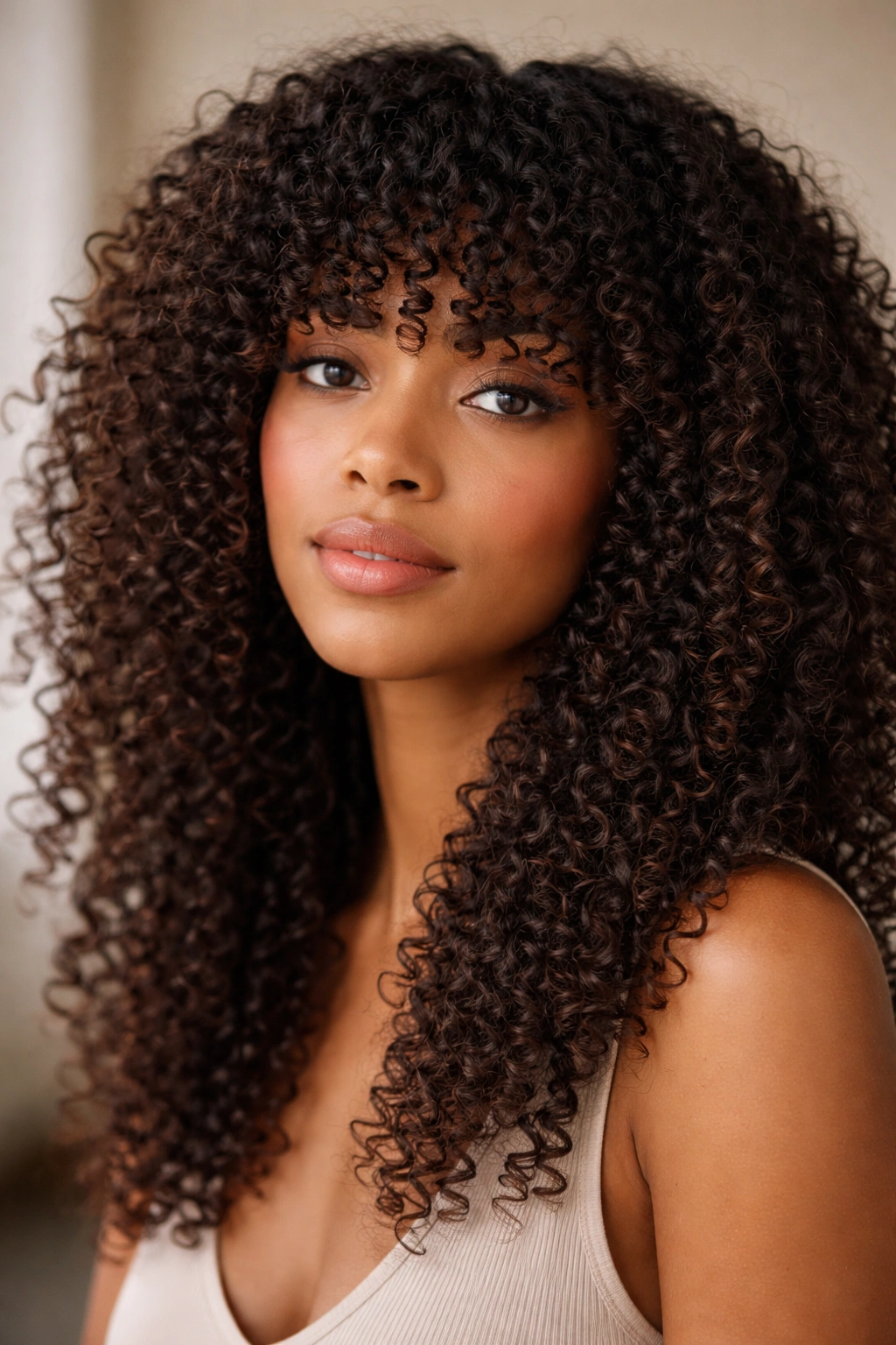 Close-up of coily bangs with textured length on curly hair