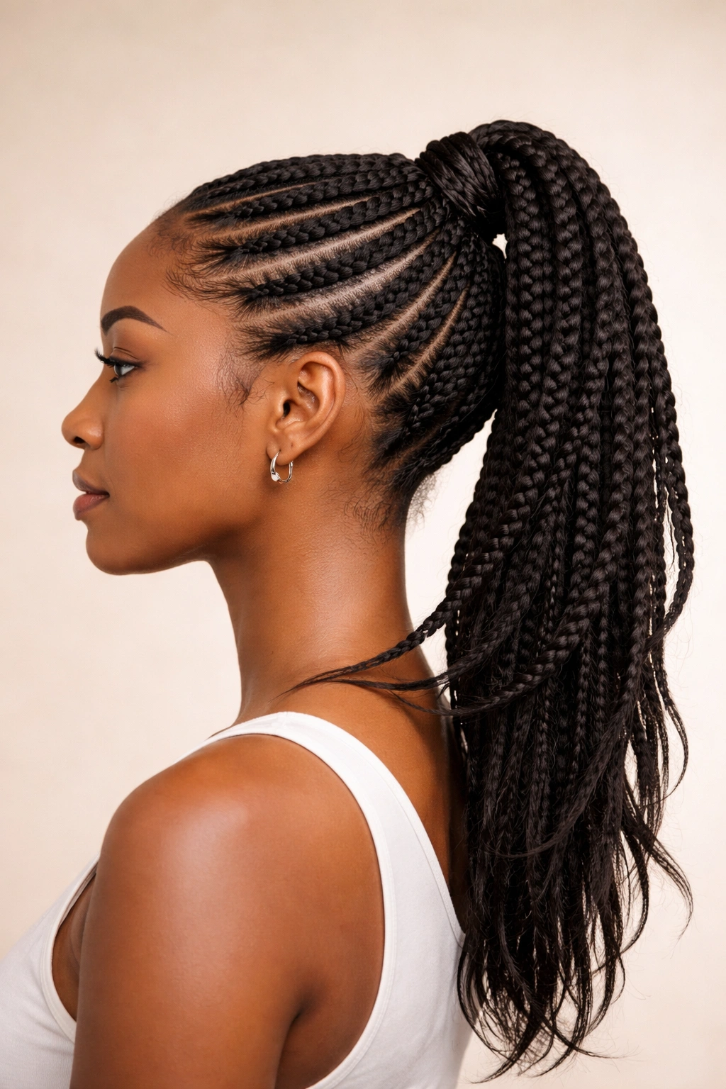 Layered cornrows forming a ponytail with back-fed braids
