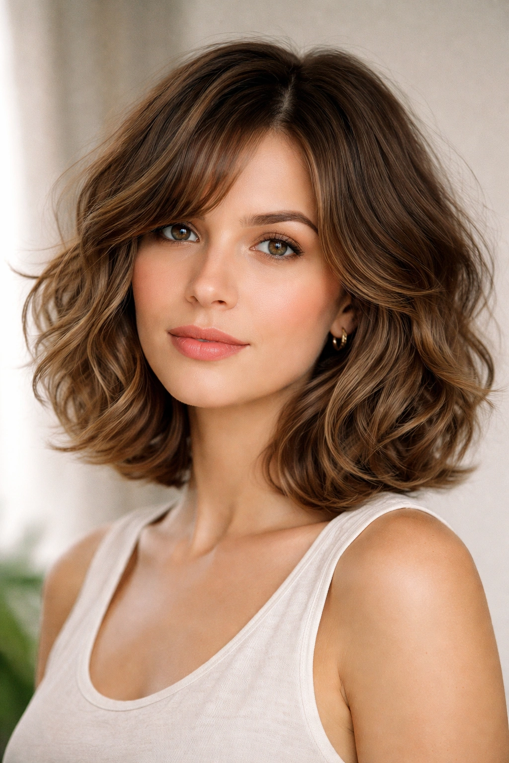 Curled bob hairstyle with frizz-fighting layers and face-framing texture