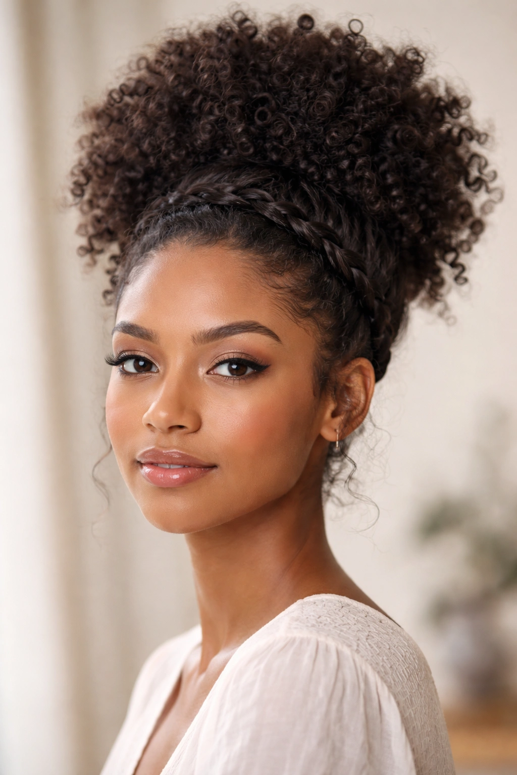 High puff hairstyle with twisted crown on curly hair