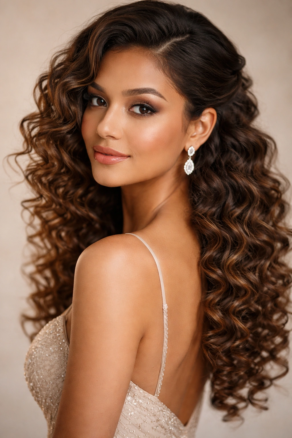 Curls cascading over one shoulder in an elegant side-swept hairstyle