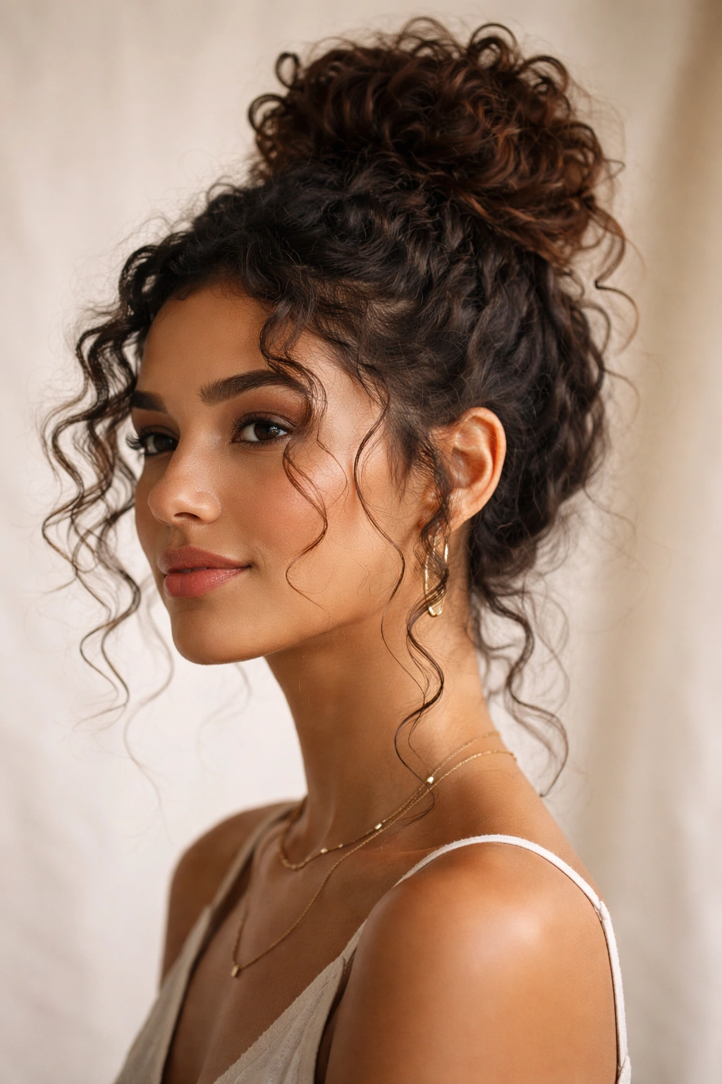 Close-up of a high top knot bun with loose curls around the face