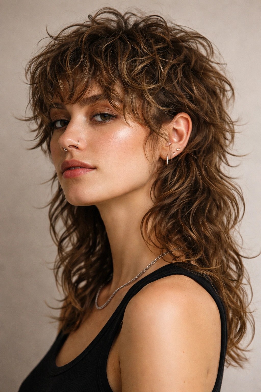 Curly wolf cut mullet hairstyle with layered texture
