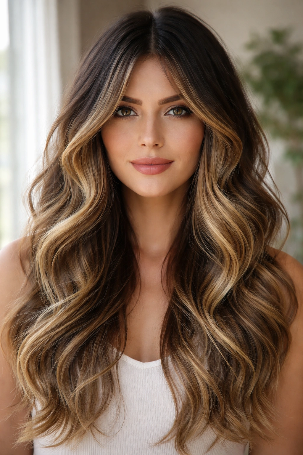 Curtain bangs with dark rooted balayage and wavy hair framing face.