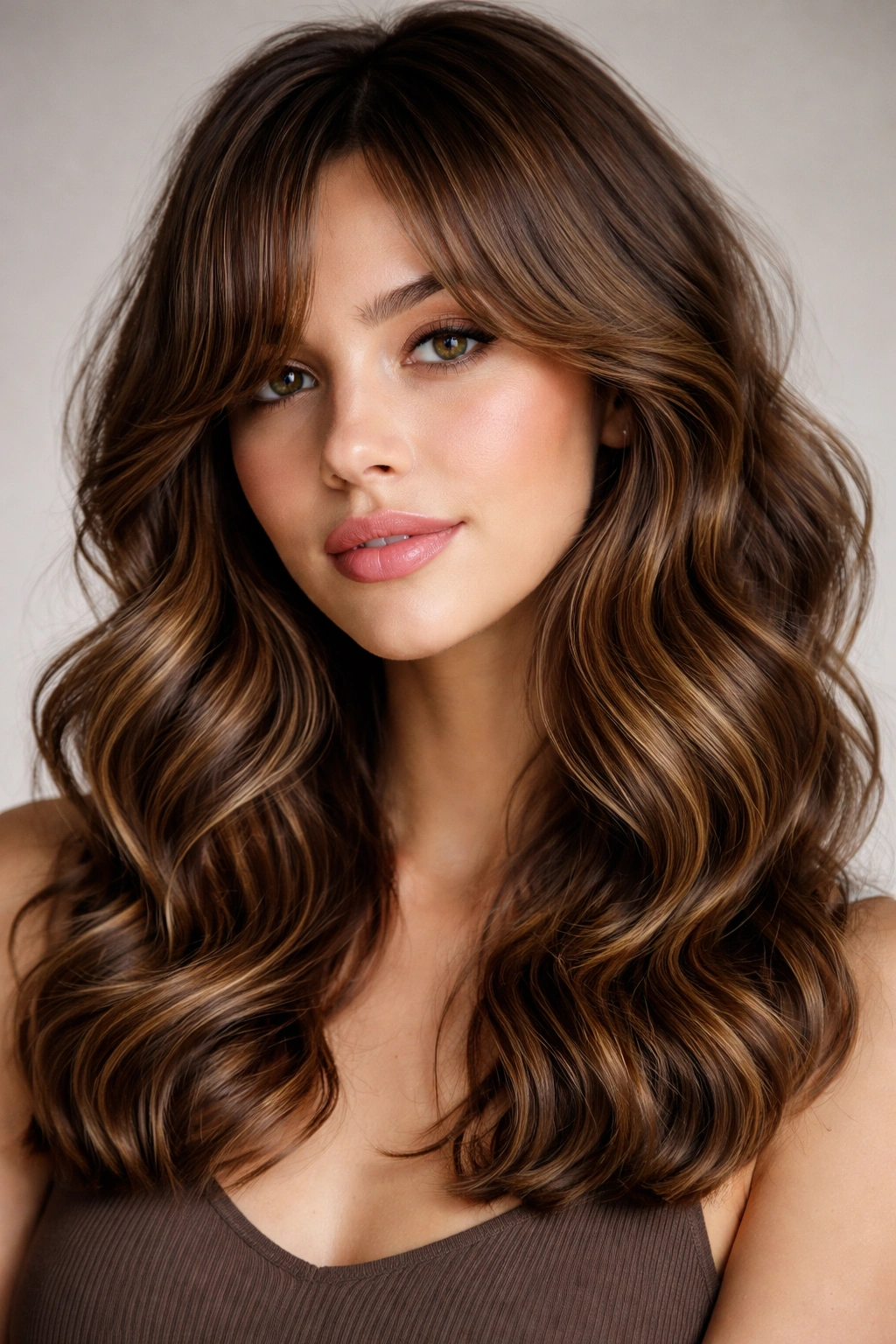 Close-up of defined wave curls with side-swept curtain bangs on wavy hair