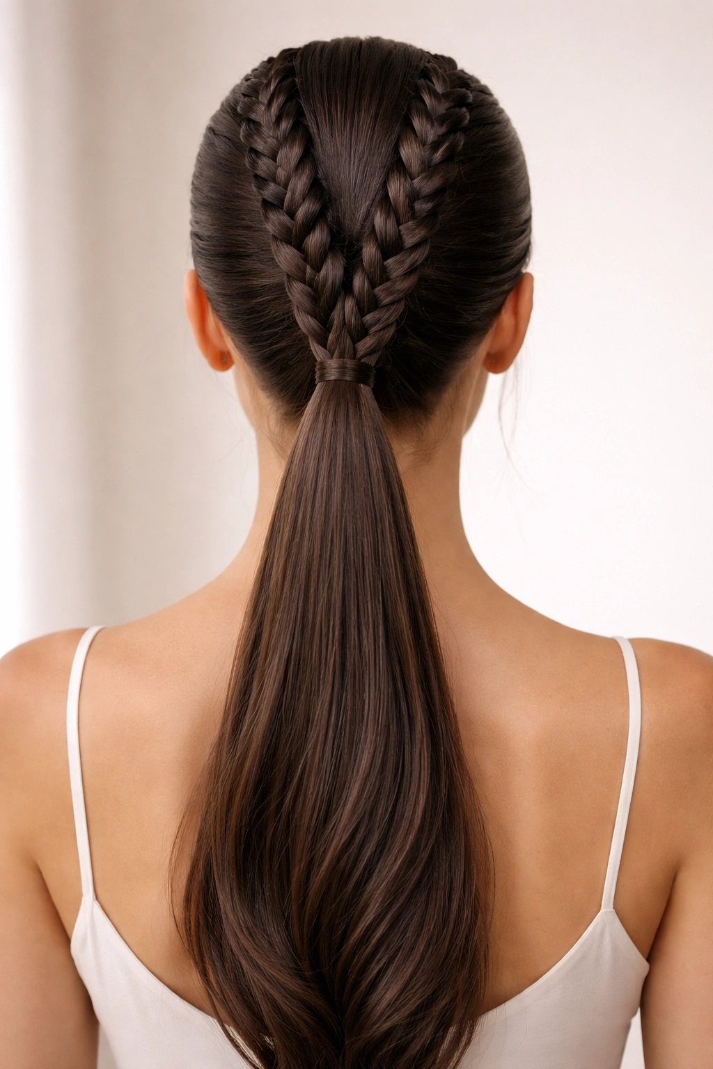 Two symmetric braids converging into a single sleek ponytail