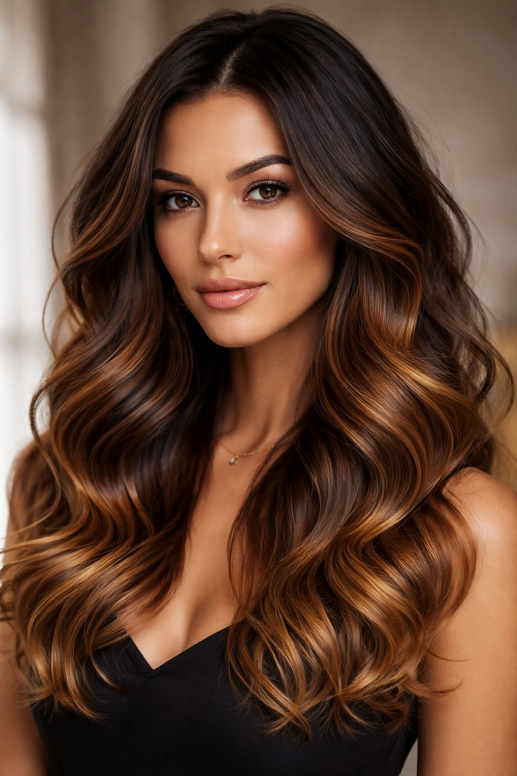 Mid-length waves with espresso roots fading to caramel ends