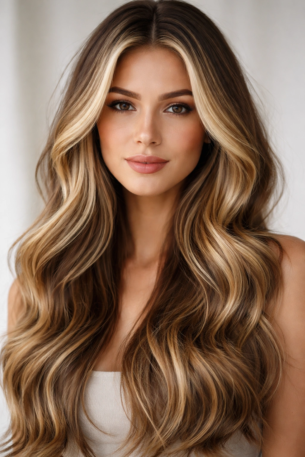 Long waves with face-framing blonde highlights around the temples.