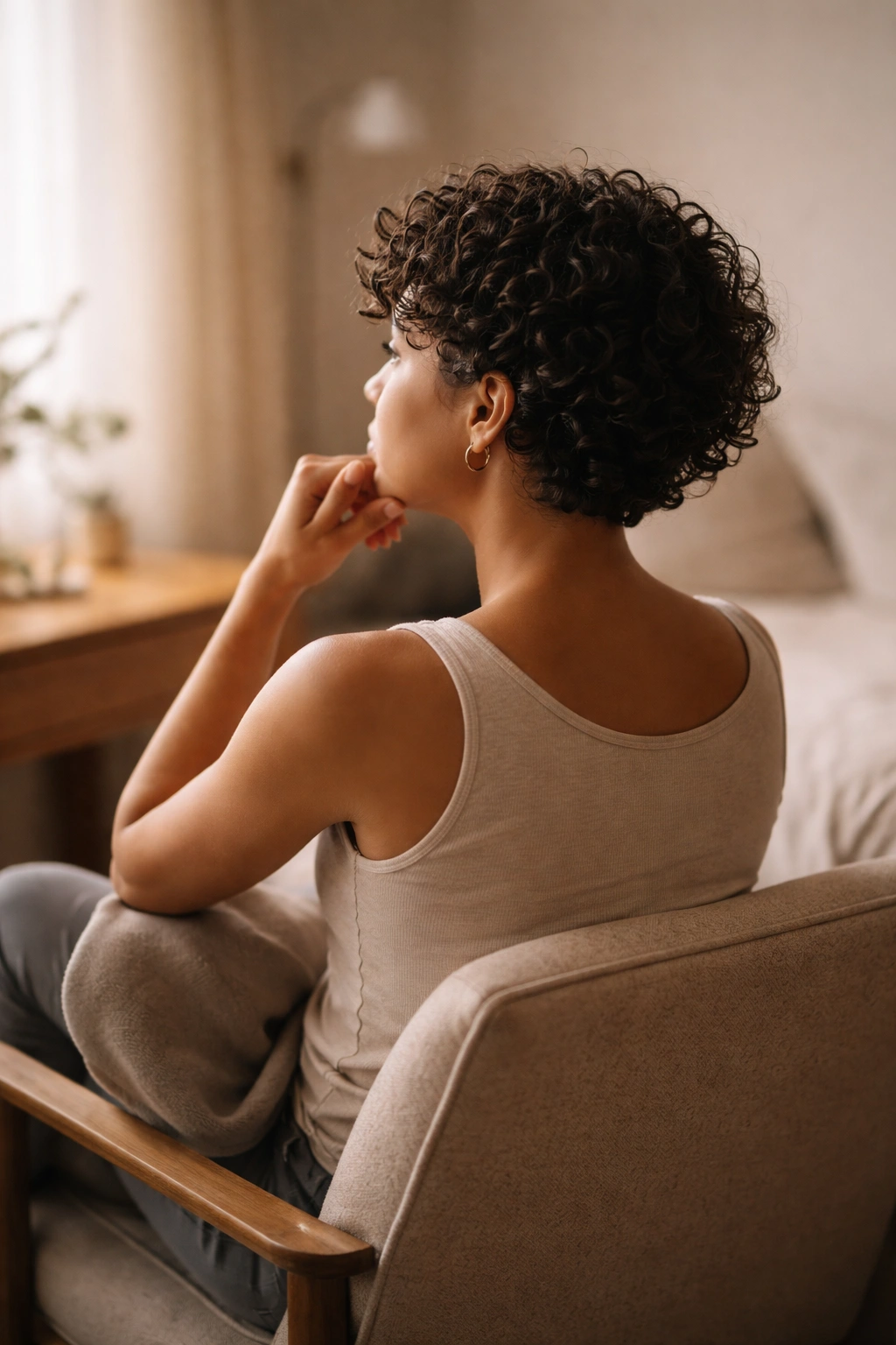 Contemplative person with short curly hair in calm room