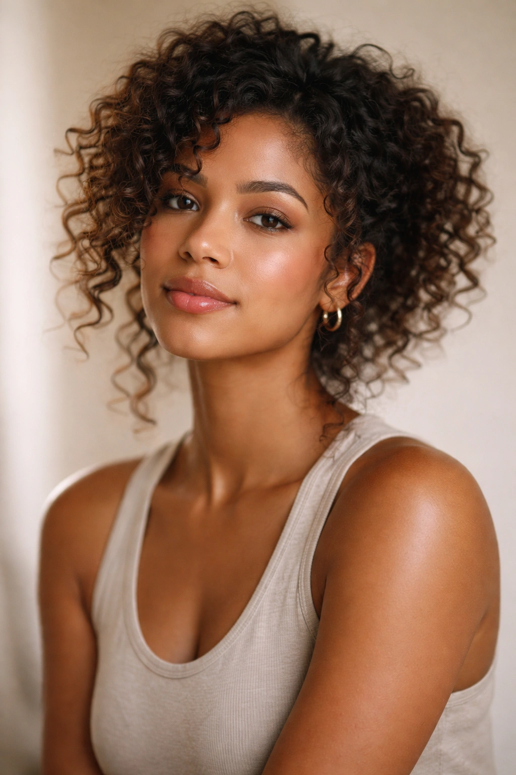 Confident portrait of a person with curly hair reflecting on a bad hair day
