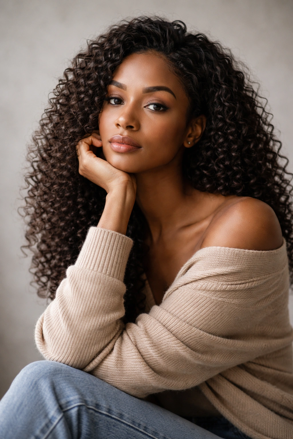 Thoughtful studio portrait of a woman with calm expression