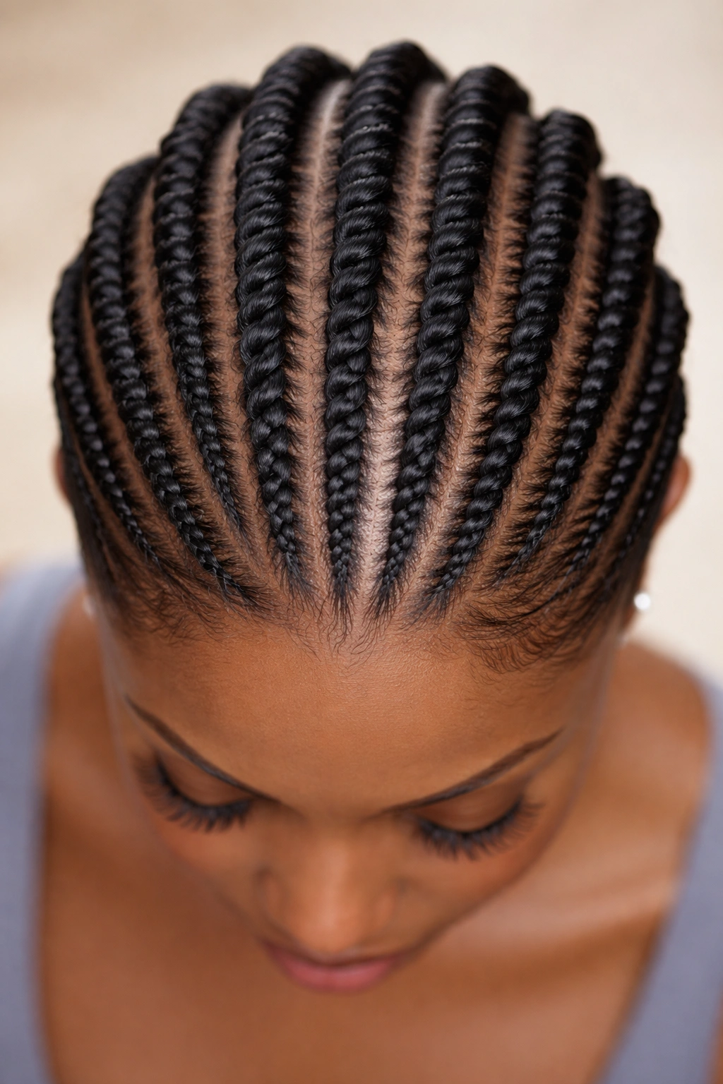 Top-down view of flat twists in neat scalp rows