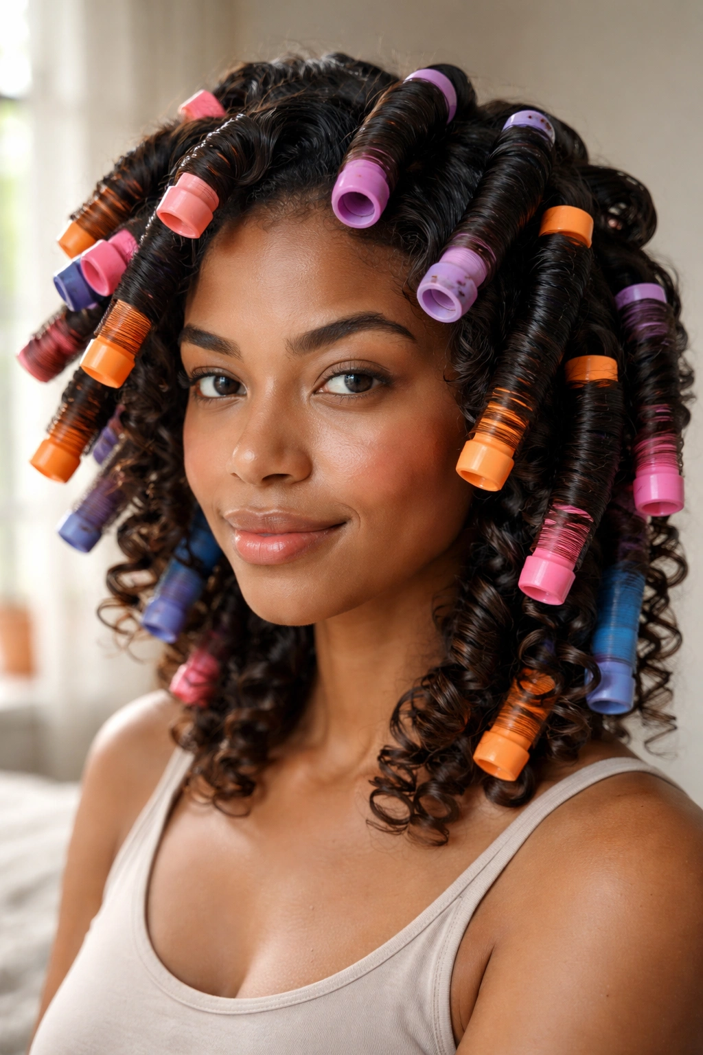 Head with damp hair wrapped around foam flexi rods ready to set curls