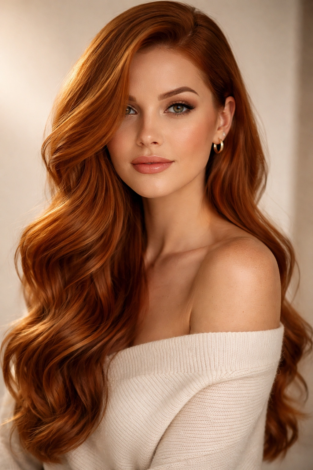 Ginger hair with a deep side part and long waves
