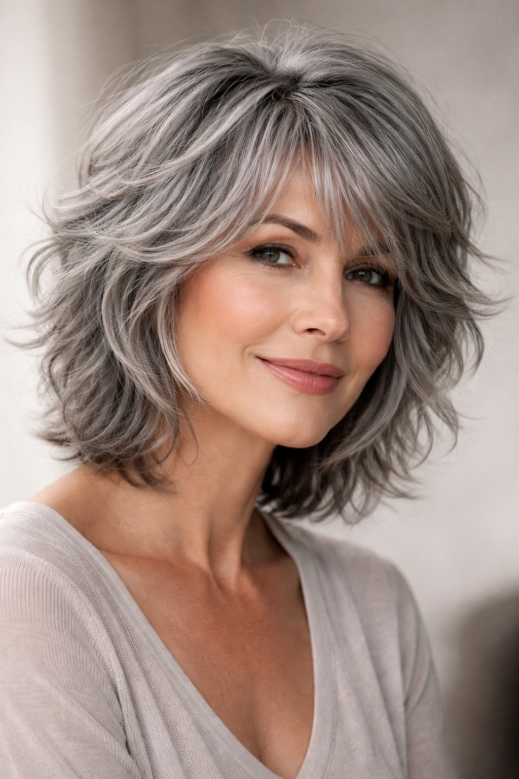 Gray-haired model with textured shag and waves