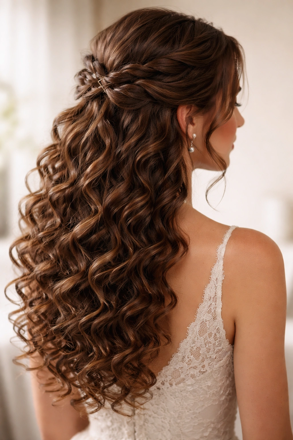 Romantic half-up half-down hairstyle with pinned curls at the crown