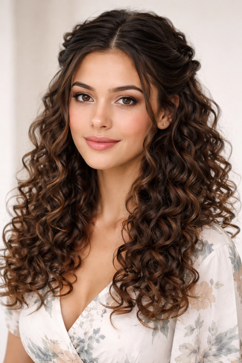 Front view of half-up half-down hairstyle with twisted sides
