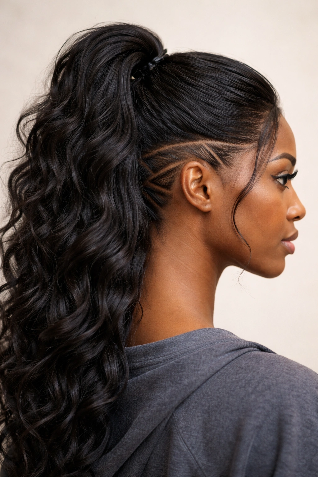 Side profile of a Black woman's half-up look showing an undercut detail