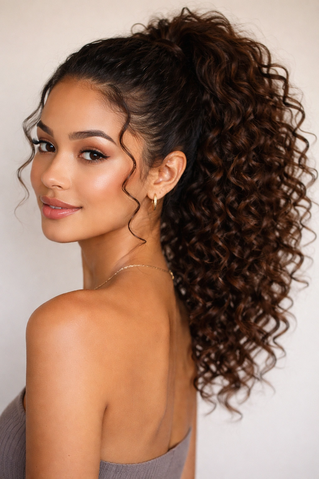 Front view of high ponytail showing defined 3a curls around crown