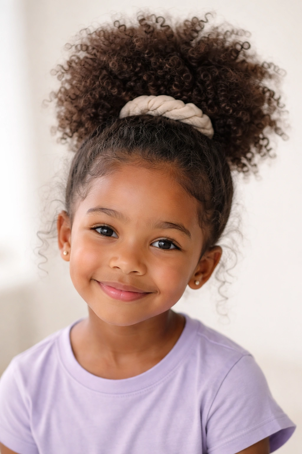 Front view of a child with a high puff at the crown secured by a scrunchie